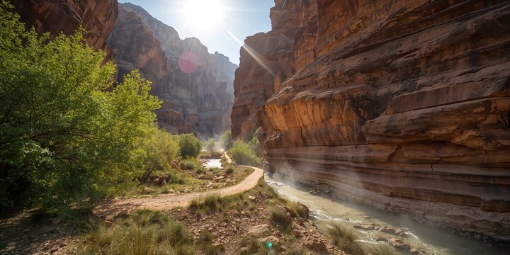 Wadi Muhaydin canyon trail with sunlight and shade, suitable for outdoor exploration