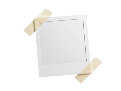 Blank instant photo frame PNG isolated on transparent background, retro style picture with adhesive tape for memory and decoration