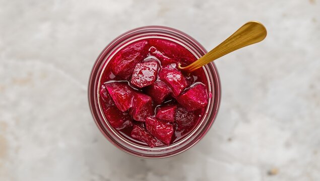 Red pickled beets in a Bonne-Maman jar with a golden spoon on a light stone surface, fiber-dense choice