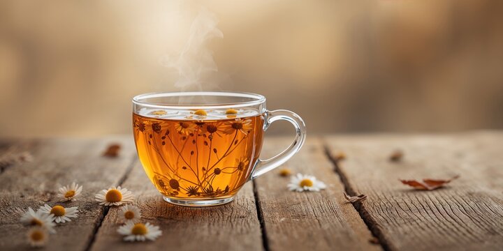 Glass cup filled with herbal chamomile tea on a wooden surface, emphasizing natural remedy for wellness - Powered by Adobe