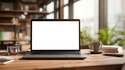 Fototapeta premium Modern laptop with blank screen on wooden desk next to coffee cup and books with blurred office background