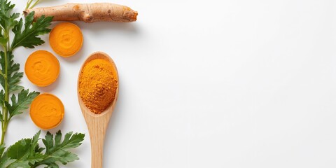 Turmeric powder in a spoon with roots and leaves on white background, emphasizing natural antioxidant properties
