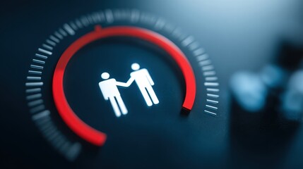 Close up of two stylized human figures shaking hands inside a circular gauge with red indicator