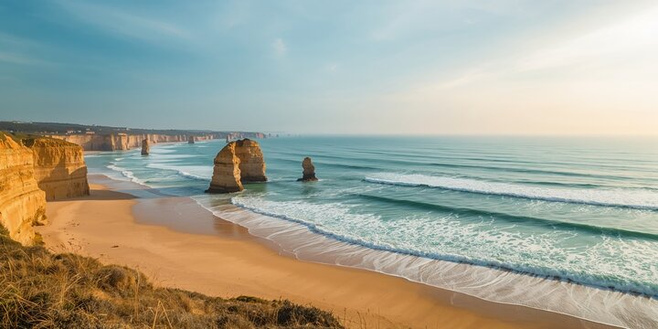 Famous Praia Tres Irmaos near Alvor in the Algarve with rocky shoreline, ocean waves, and clear blue water, summer season