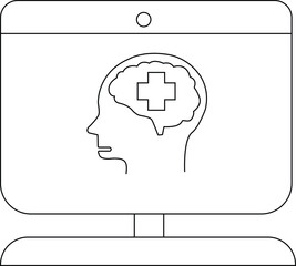 Blackandwhite drawing of a monitor displaying a head with a plus in its brain