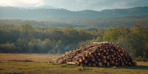 Stack of tree trunks from logging activity in South Africa, emphasizing deforestation concerns