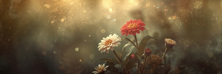 Fairy-tale style zinnia flowers with dark green leaves, selective focus for floral design backgrounds