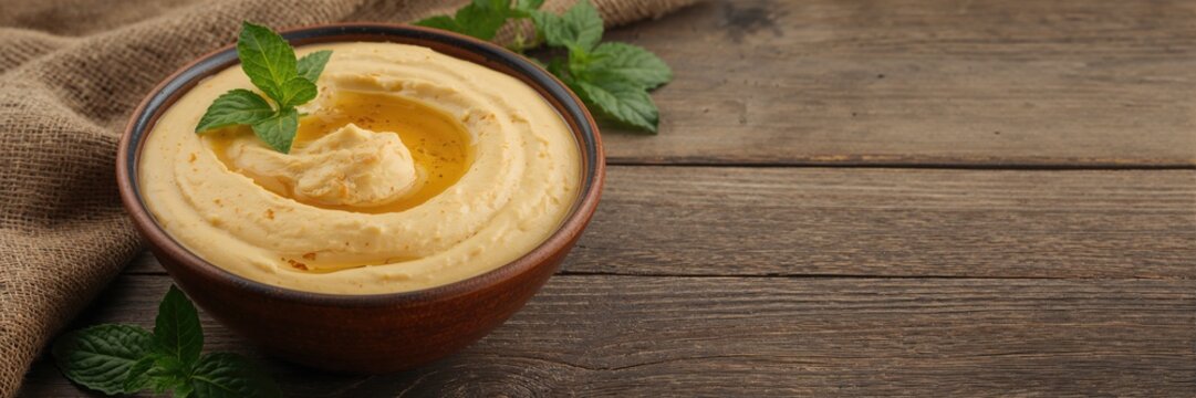 Hummus in a bowl on a wooden surface, highlighting texture and preparation process