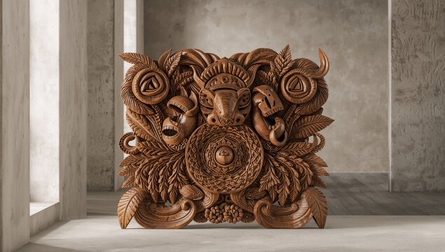 Antique carved wood bas relief of Polynesian art used as a decorative wall panel, emphasizing traditional craftsmanship