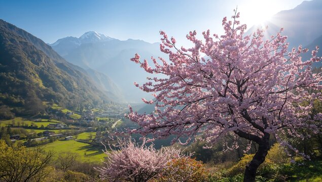 Scenic valley during pink apricot blossom season, ideal for nature preservation efforts