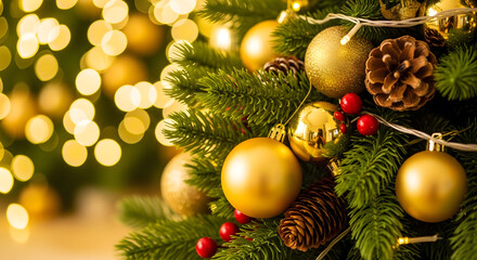 Fototapeta premium Christmas tree with golden ornaments, pine cones, and red berries, with bokeh lights in the background.