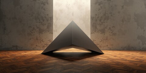 Futuristic trapezoidal geometric surface on hardwood, designed for modern interior installation, Earth Day