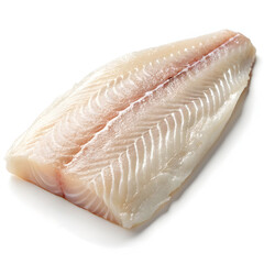 A raw white fish fillet is isolated on a clean white background, highlighting its freshness, texture