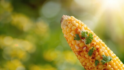 Obraz premium Grilled corn seasoned with smoked paprika, cilantro, and parmesan, as a flavorful snack or side dish