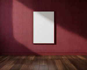 Framed Poster Mockup &ndash; White Canvas Hanging on Burgundy Wall with Dark Hardwood Floor, 3D Render