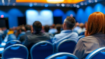 Softly blurred scene of a business seminar featuring engaged participants in discussion