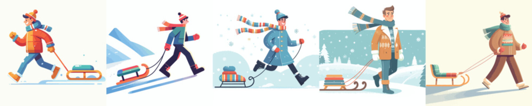 vector of a man pulling a sled in the snow