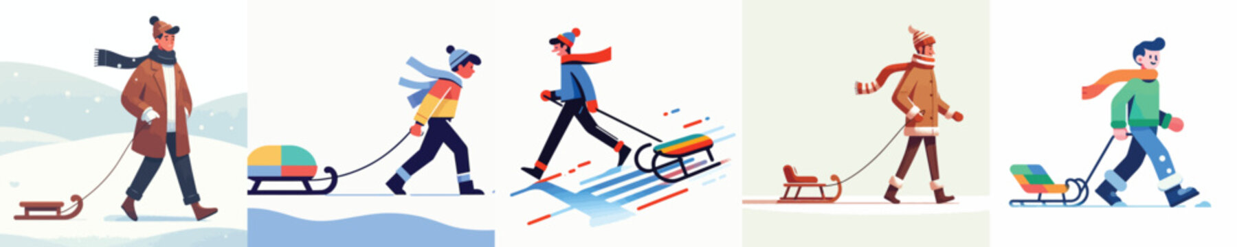 vector of a man pulling a sled in the snow