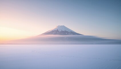 Mount Fuji shrouded in morning mist with snow-covered peaks, emphasizing winter landscape and natural beauty, Earth Day