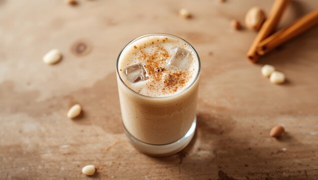 Horchata beverage with cinnamon and almonds, emphasizing natural ingredients and flavor profile