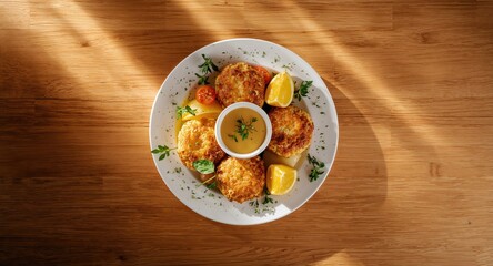 Cod fish potato cakes served with lemon and honey mustard, suitable for a casual seafood dish