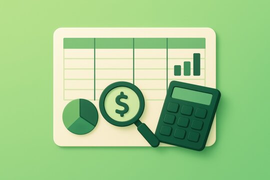 Financial analysis tools showcasing a calculator magnifying glass and pie chart against a green paper background emphasizing economic growth and data visualization