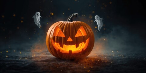 Neon illuminated Halloween pumpkin with vibrant orange glow, used as festive decoration during October holidays