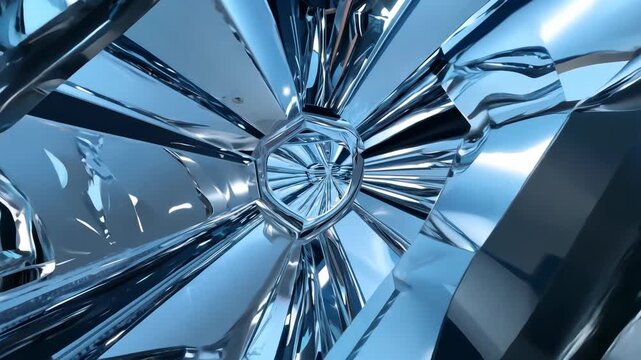 Reflective abstract metallic tunnel with a futuristic design in shades of silver and blue. 4k Video footage