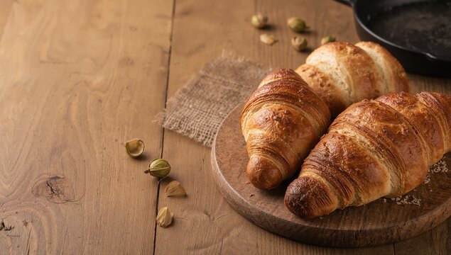 Fresh croissants and pretzels alongside a baguette on a tray and chopping board, serving as a bakery display or breakfast spread