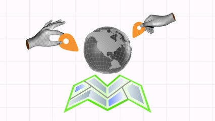 Halftone collage, Global location & navigation. Hands place map pins on a globe and a map, illustrating worldwide. Explore maps, set destinations
