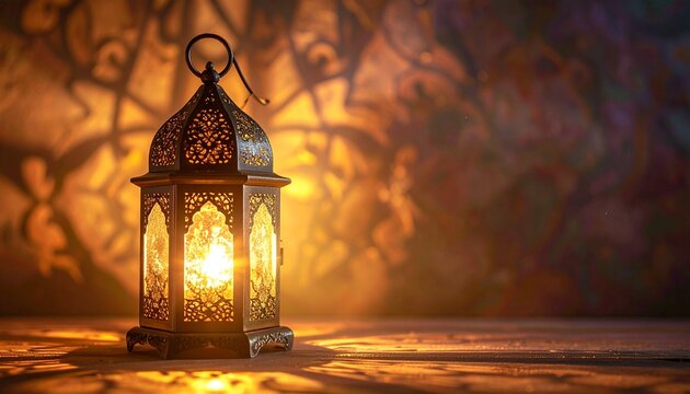 The Muslim feast of the holy month of Ramadan Kareem. Beautiful background with a shining lantern Fanus. Free space for your text.