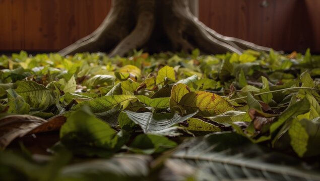 Fallen jackfruit tree leaves scattered on the ground, highlighting seasonal change