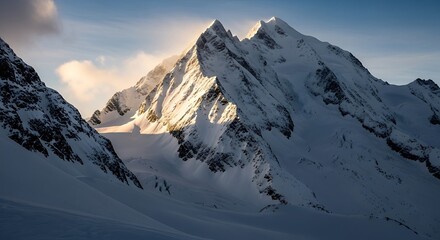 Majestic snow capped mountain peaks under a clear blue sky