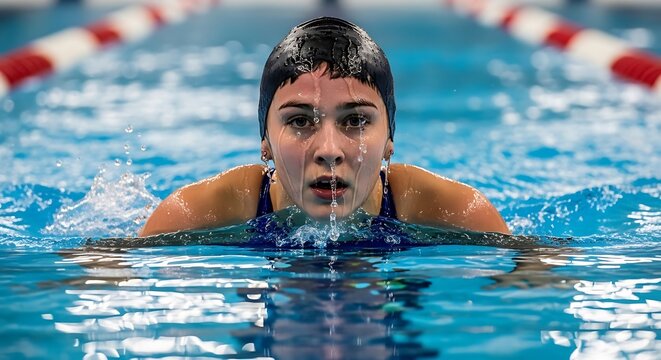 Intense female swimmer coming up for air during a breaststroke race.