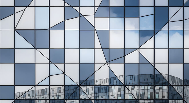 Abstract building facade with geometric patterns and reflections of the sky and architecture - Powered by Adobe