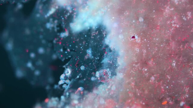 Nauplius crustacean larvae and sea mite under a microscope, class Copepoda. Moving on Laminaria algae. Under ultraviolet light. White sea