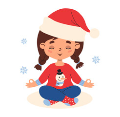 Cute Christmas Girl Meditating. Child Female Character in Santa Hat in asana Lotus Pose with folded fingers. Vector illustration. Not AI