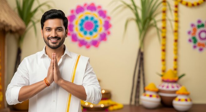 Indian man performing namaste in traditional white veshti and shirt during Pongal with festive village decorations and rangoli in the background