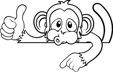 A monkey cartoon character animal peeking over a sign and pointing at it while doing a thumbs up