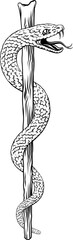 Rod of Asclepius staff medical symbol. Intertwined snake around a rod or wooden staff. Often mistakenly called a Caduceus. Doctor icon for medicine and health care. Vintage woodcut etching style.