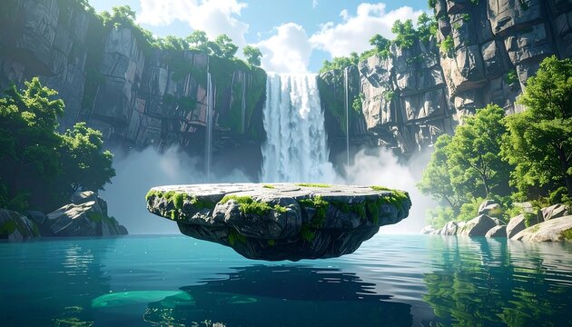 Floating island in a serene, turquoise lake with a waterfall cascading down a verdant cliffside under a bright sky