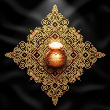 Pongal pot with symmetrical gold kolam design on dark satin background with embossed gold texture and ruby accents