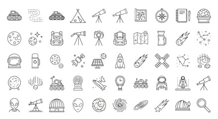 Collection of Space and Astronomy Line Icons for Scientific Exploration.