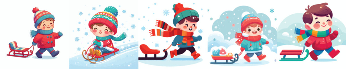 vector of a little boy pulling a sled in the snow