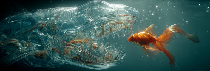 A dramatic underwater image of a plastic bottle shaped like a shark devouring a goldfish, symbol of fragile marine life, plastic and microplastics pollution and oceanic tragedy. Generative Ai.