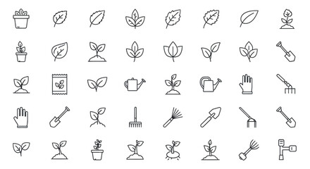 Gardening and Plant Care Line Icons Set for Cultivation and Growth.