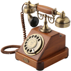 Antique wooden rotary telephone with brass accents isolated on a transparent background image 
