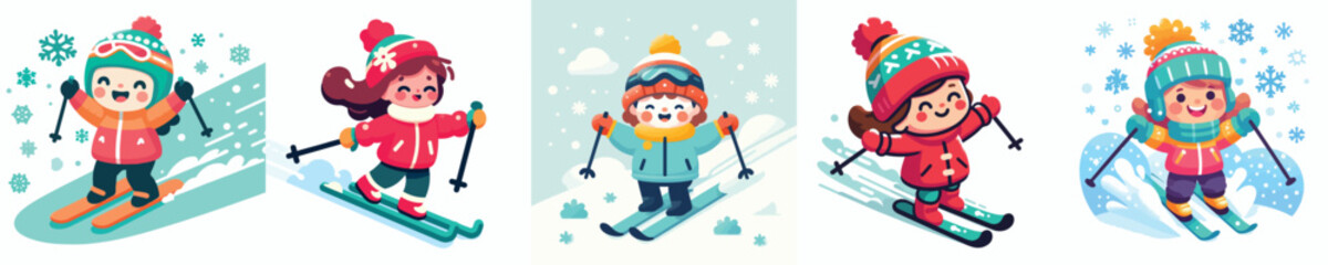 vector of a little girl skiing in the snow