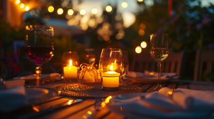Romantic outdoor dinner table setting with glowing candles and wine glasses at dusk image