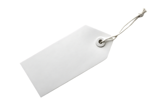 Paper tag, blank white rectangular with a white string attached to a metal eyelet, cutout, PNG isolated on white or transparent background - Powered by Adobe